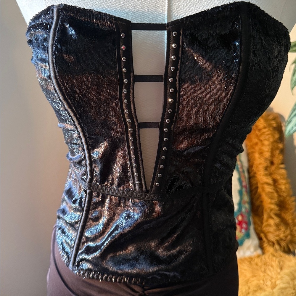 Victoria's Secret Womens Sz S Black Velvet Shimmer Corset Sheer Back